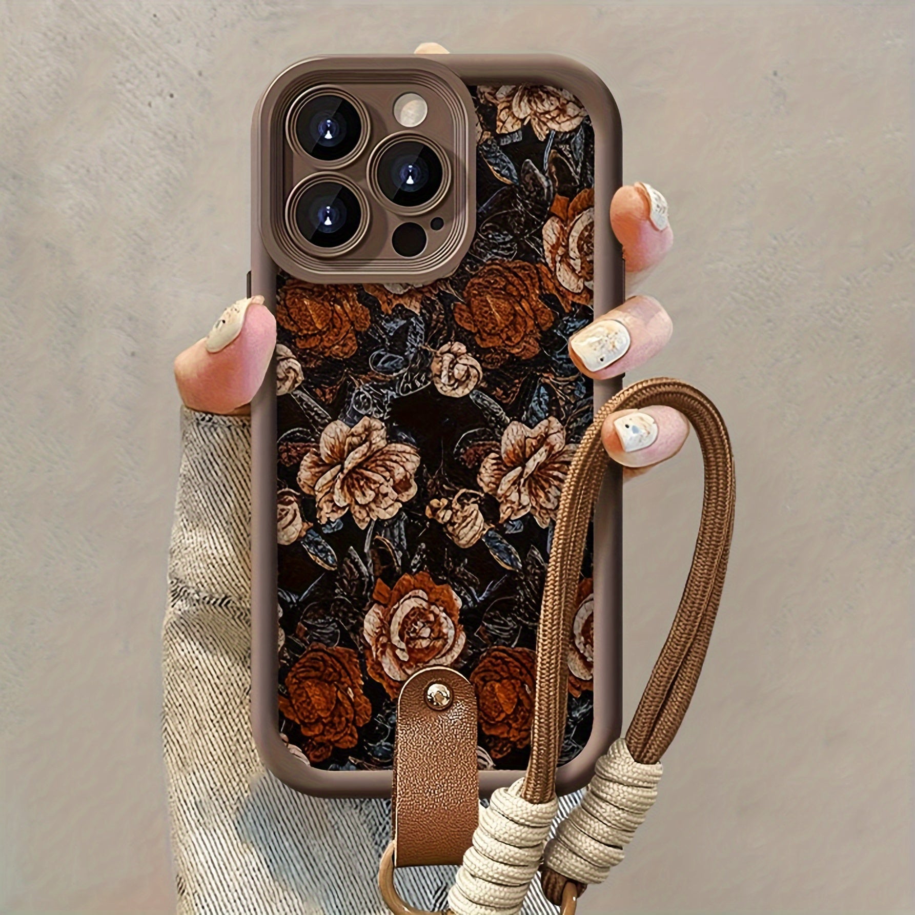 Vintage Flower with Hand Strap Brown Shockproof Frosted Full Cover Anti-Fall Mobile Phone Case Suitable for Apple 16PROMAX/16PLUS/16PRO/16/15PROMAX/15PLUS/15PRO/15/14PROMAX/14PLUS/14PRO/14/13PROMAX/13PRO/13/12PROMAX/12PRO/12